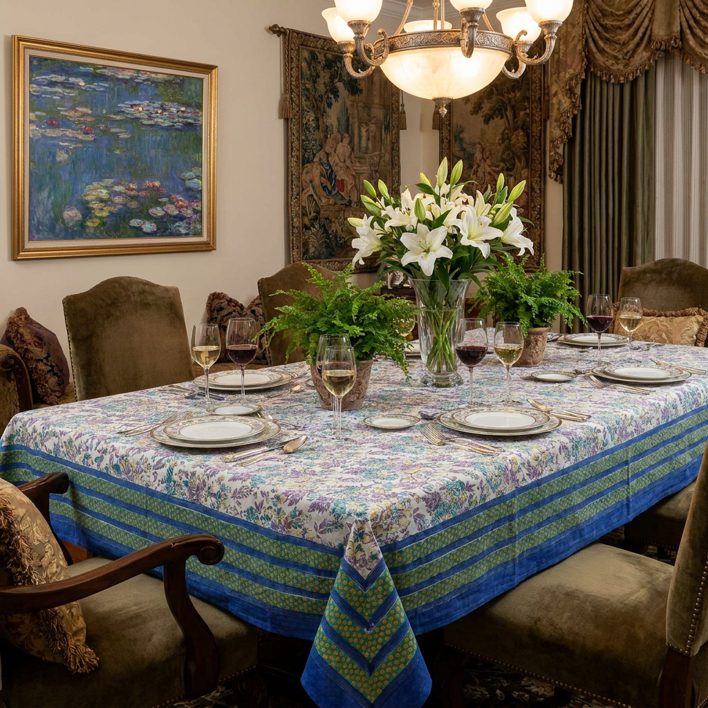 Hand Block Printed Cotton Tablecloth 150x220 cms | Gerbera Sky Open 100960