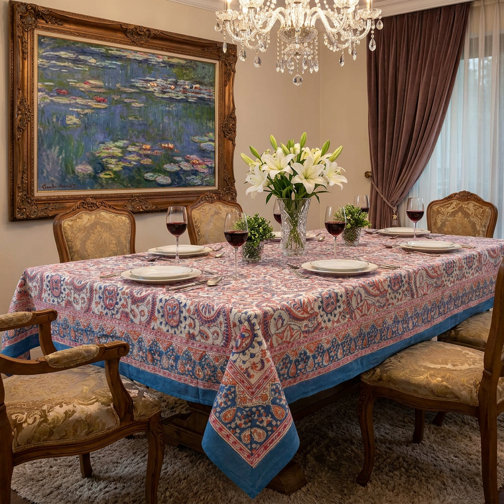 Hand Block Printed Cotton Tablecloth 150x220 cms | Kusum Gulabi Jaal 106025