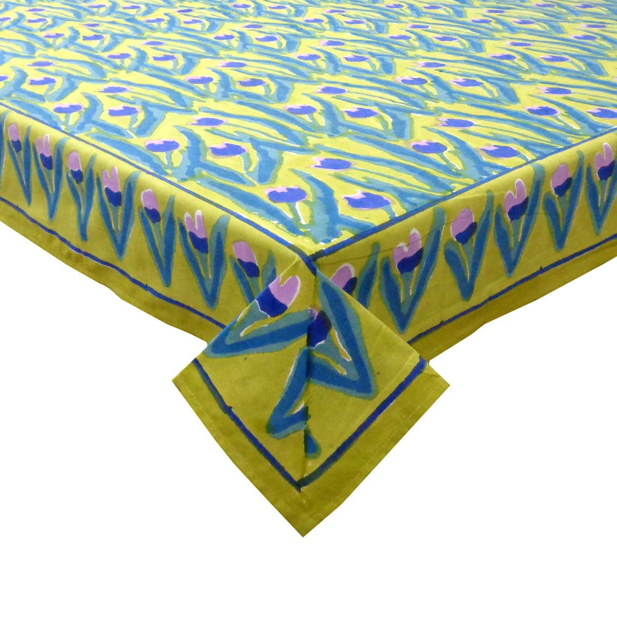 Hand Block Printed Cotton Tablecloth 150x220 cms | Lambi Patti Tulip Lime 601671