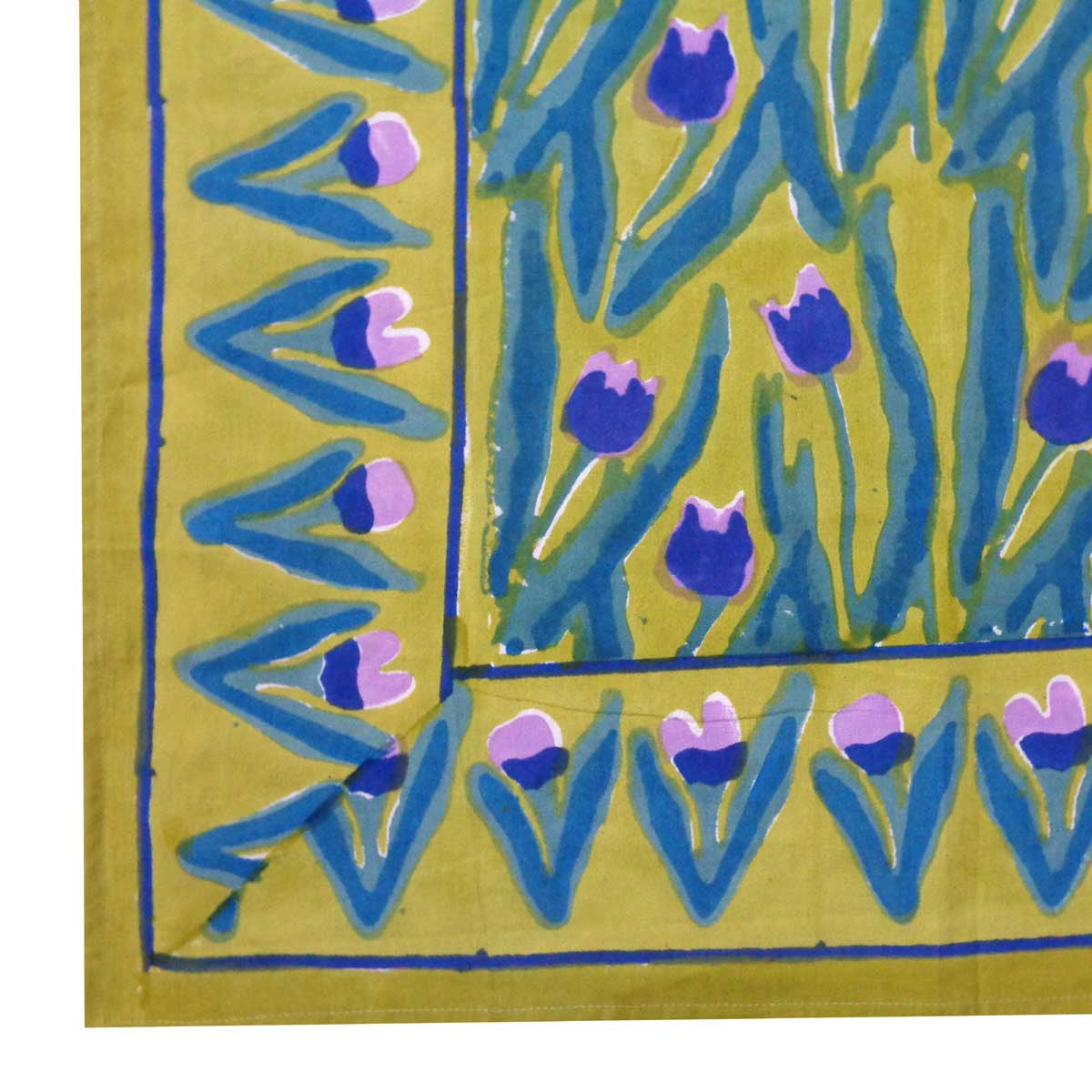 Hand Block Printed Cotton Tablecloth 150x220 cms | Lambi Patti Tulip Lime 601671