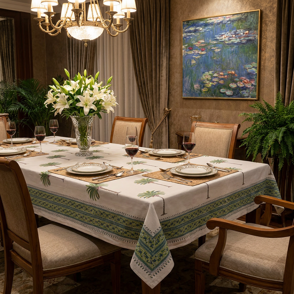 Hand Block Printed Cotton Tablecloth 150x220 cms | Palm Tree Green 109024