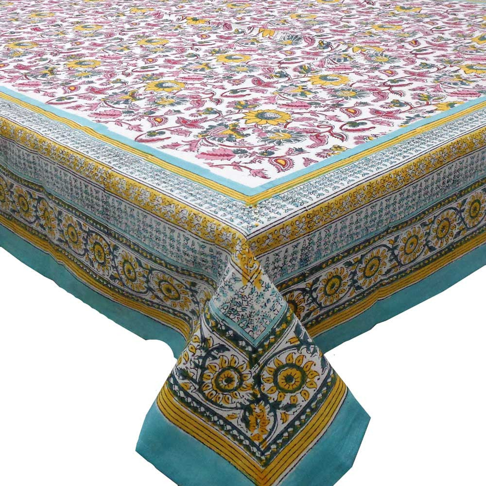 Hand Block Printed Cotton Tablecloth 150x220 cms | Phuljhari Jade Open 203173
