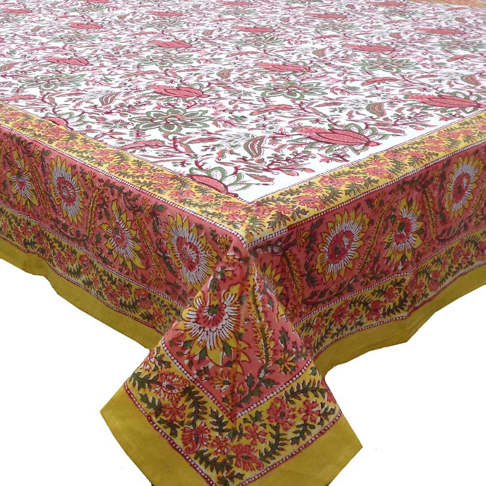Hand Block Printed Cotton Tablecloth 150x220 cms | Pila Lotus Open 203205