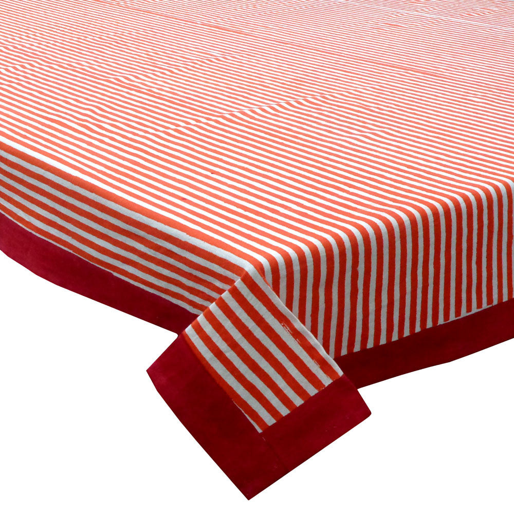 Hand Block Printed Cotton Tablecloth 150x220 cms | Single Stripe Spicy Orange 302283