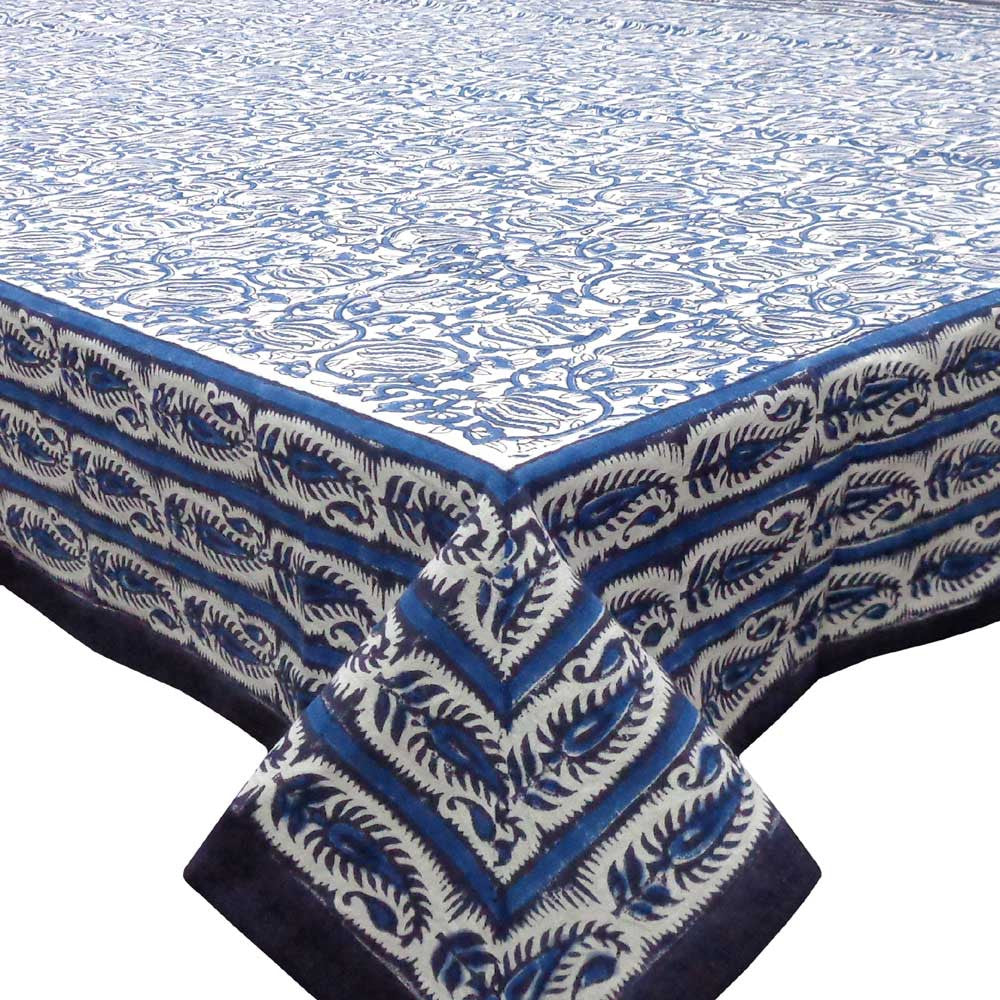 Hand Block Printed Cotton Tablecloth 150x220 cms | Two Lotus Blue 106611