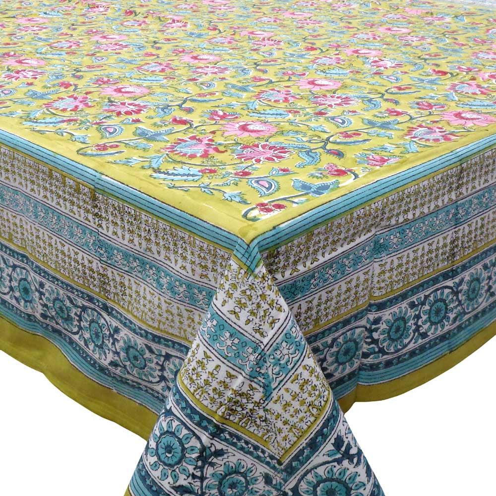 Hand Block Printed Cotton Tablecloth 180x270 |  Phuljhari Olive Gud 103487