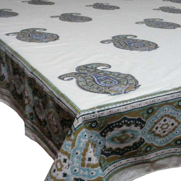Hand Block Printed Cotton Tablecloth 180x270 | Big Paisley Jade Olive 103486