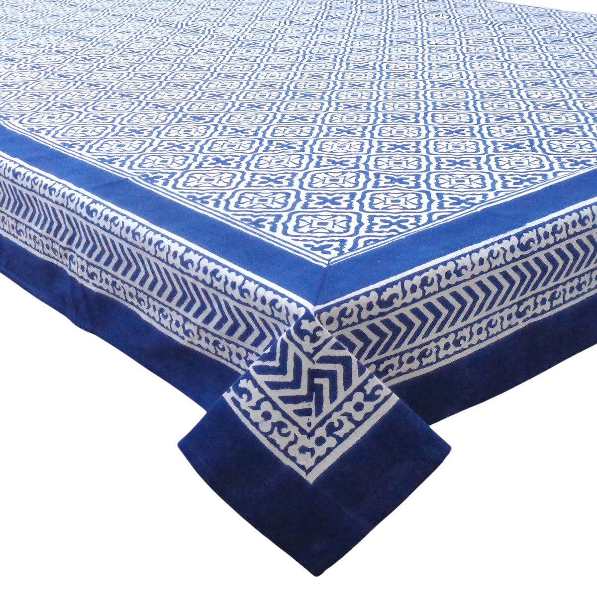 Hand Block Printed Cotton Tablecloth 180x270 | Cross Flower Blue 302287