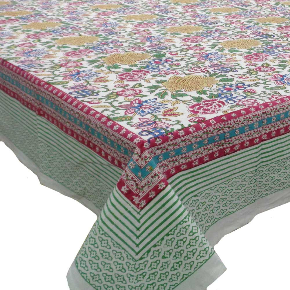 Hand Block Printed Cotton Tablecloth 180x270 | Floral Canvas Blue Jade Open 106801