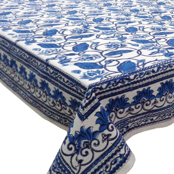 Hand Block Printed Cotton Tablecloth 180x270 | Lotus Lake Blue 106613