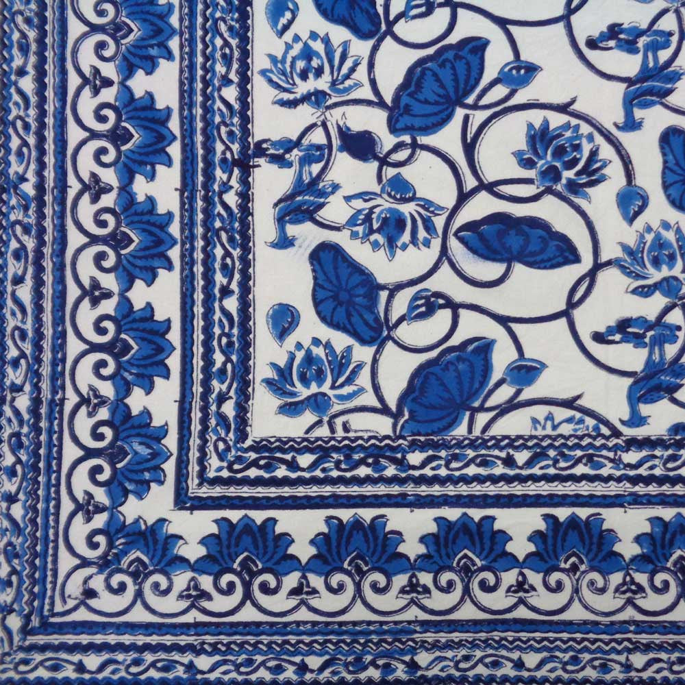 Hand Block Printed Cotton Tablecloth 180x270 | Lotus Lake Blue 106613