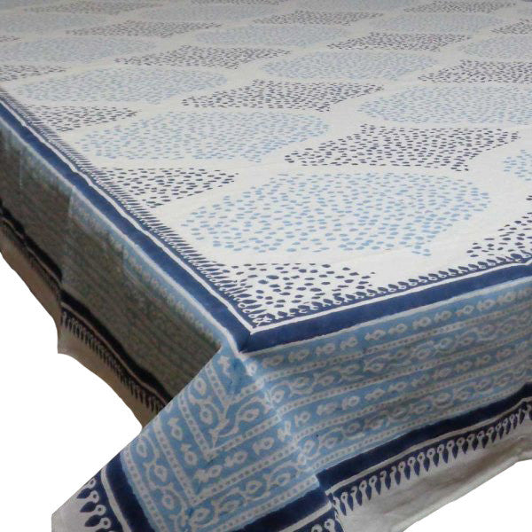 Hand Block Printed Cotton Tablecloth 180x270 | Ogee Dotty Blue 103352