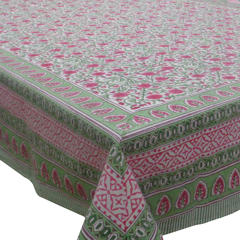 Hand Block Printed Cotton Tablecloth 180x270 | Pink Blossom Open 109656