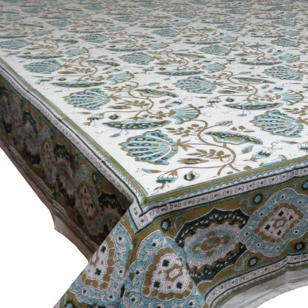 Hand Block Printed Cotton Tablecloth 180x270 | Waterlily Jade Olive 103478
