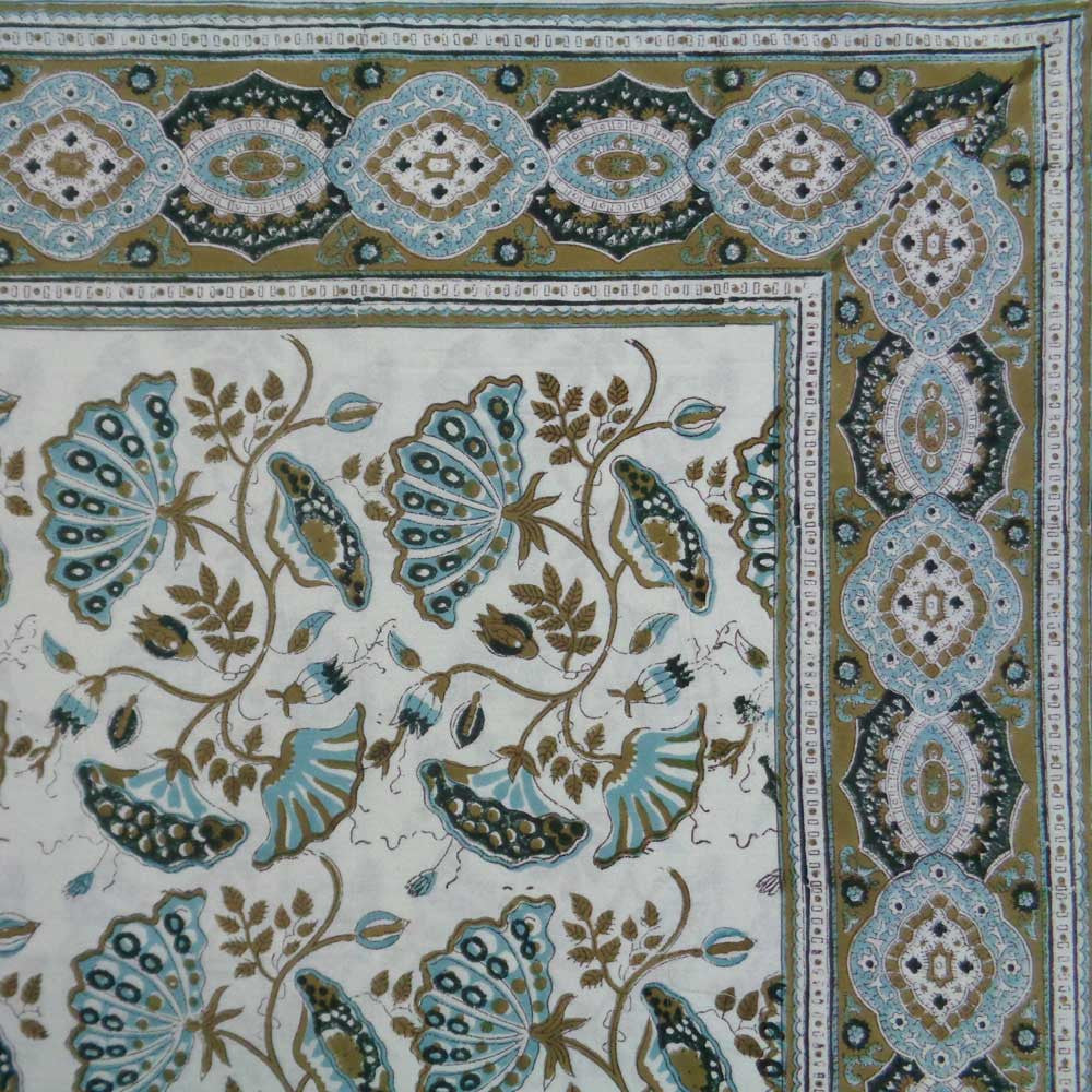 Hand Block Printed Cotton Tablecloth 180x270 | Waterlily Jade Olive 103478