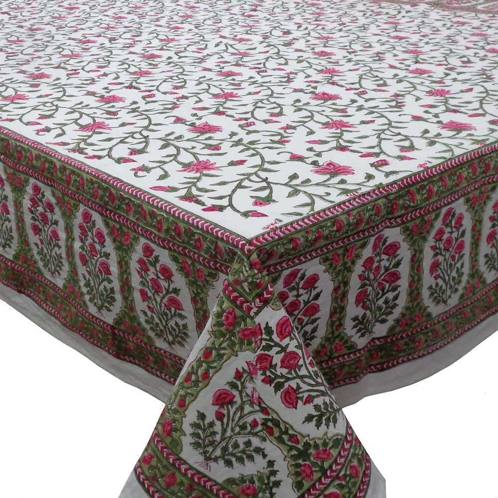 Hand Block Printed Cotton Tablecloth 180x270 cm | Floral Bale Pink 103562