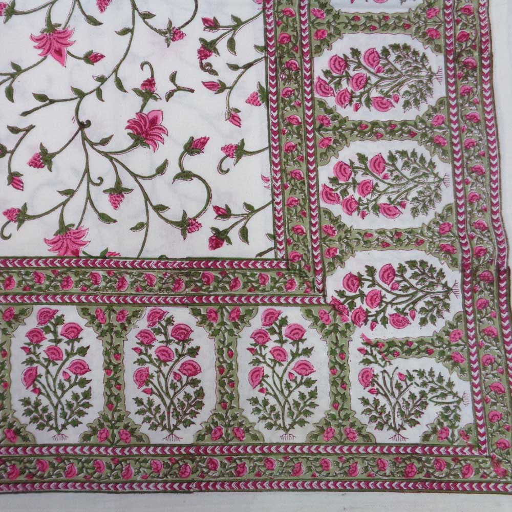 Hand Block Printed Cotton Tablecloth 180x270 cm | Floral Bale Pink 103562