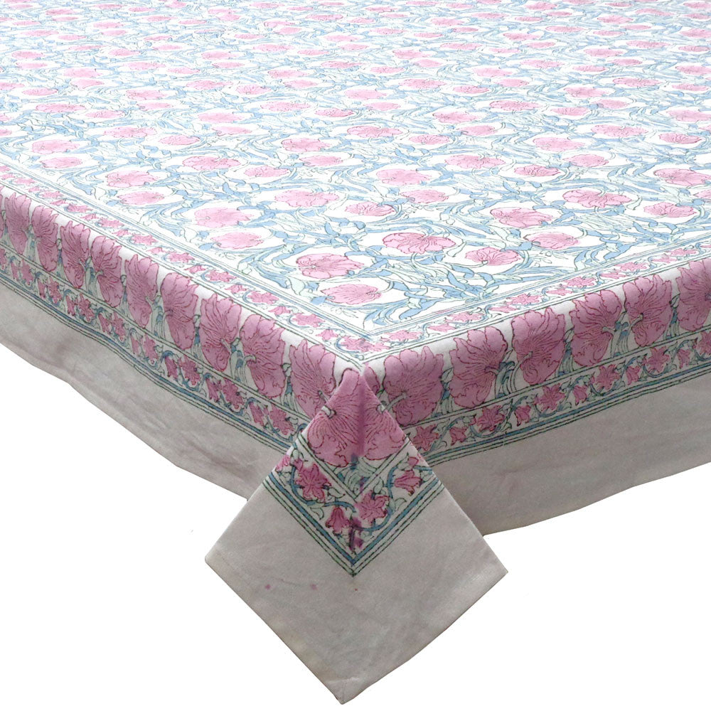 Hand Block Printed Cotton Tablecloth 180x270 cms | Bauhaus Pink Flower 601774