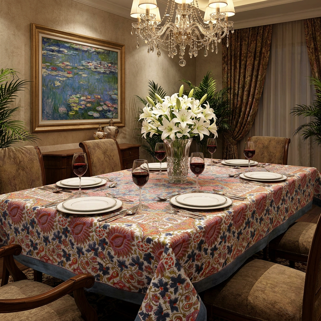 Hand Block Printed Cotton Tablecloth 180x270 cms | Bird Of Paradise Gud 204347