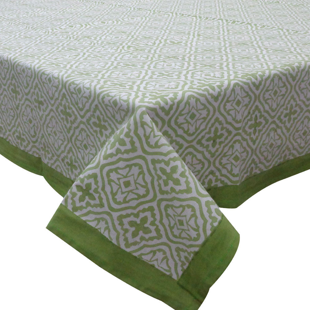 Hand Block Printed Cotton Tablecloth 180x270 cms | Cross Flower Celadon Green 408905