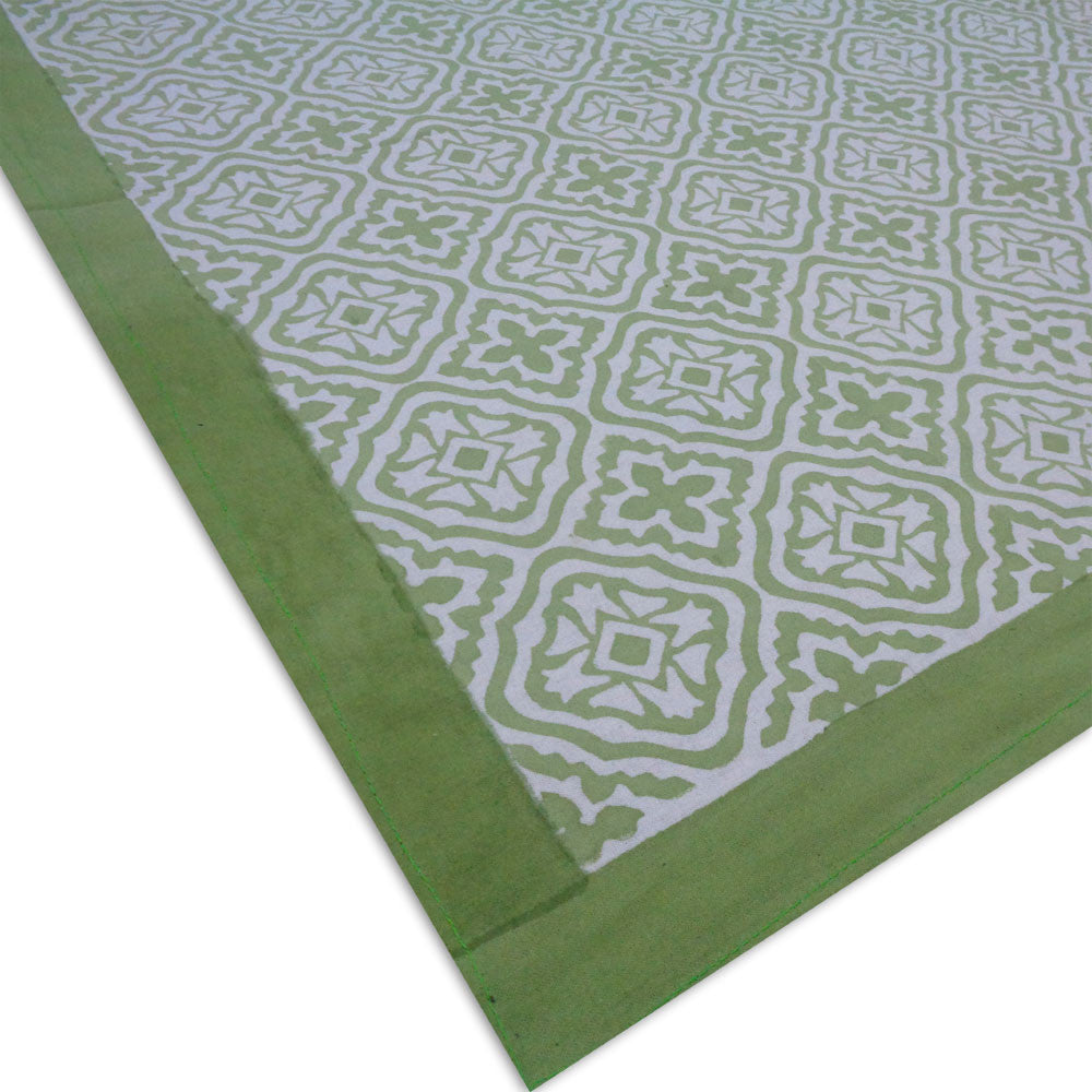 Hand Block Printed Cotton Tablecloth 180x270 cms | Cross Flower Celadon Green 408905