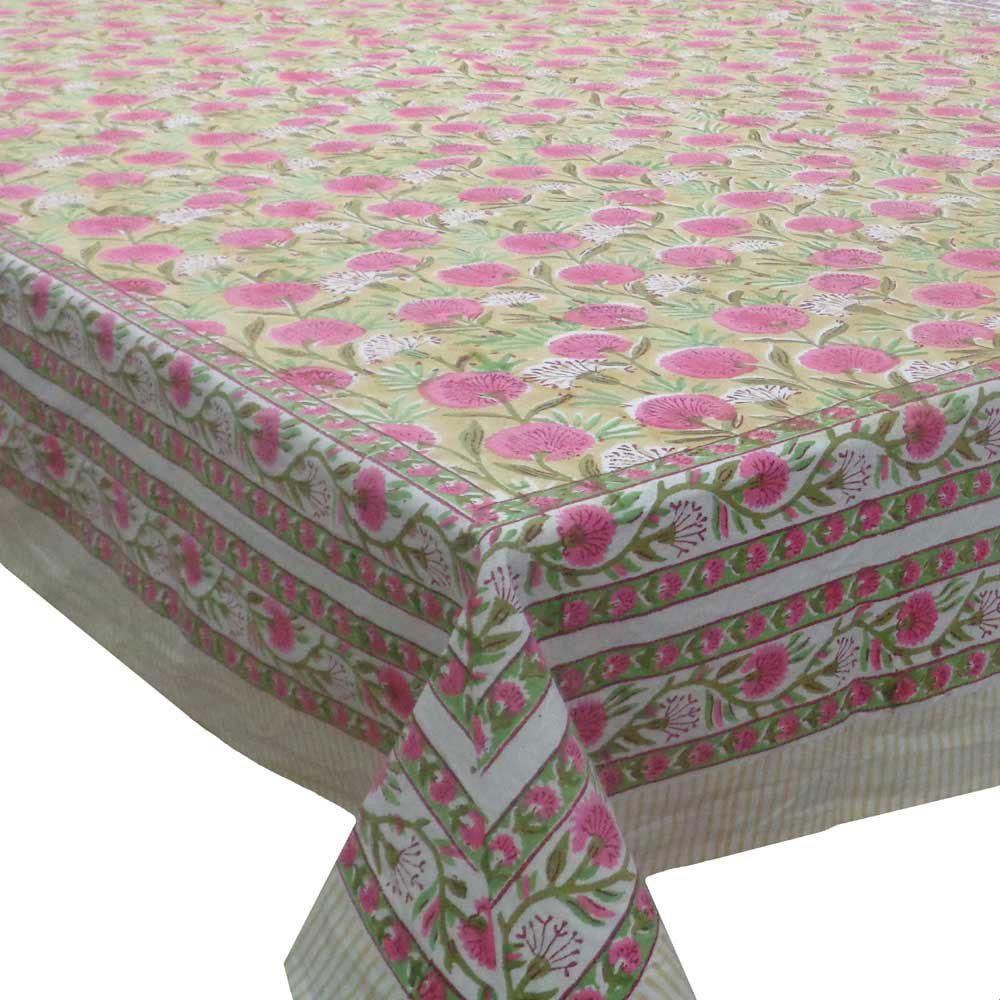 Hand Block Printed Cotton Tablecloth 180x270 cms | Desert Blossom Pink Gud 109653