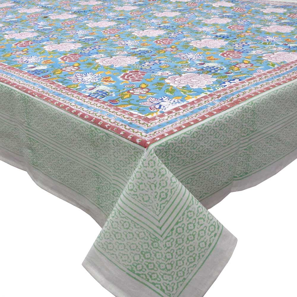 Hand Block Printed Cotton Tablecloth 180x270 cms | Floral Canvas Blue Jade Gud 206865