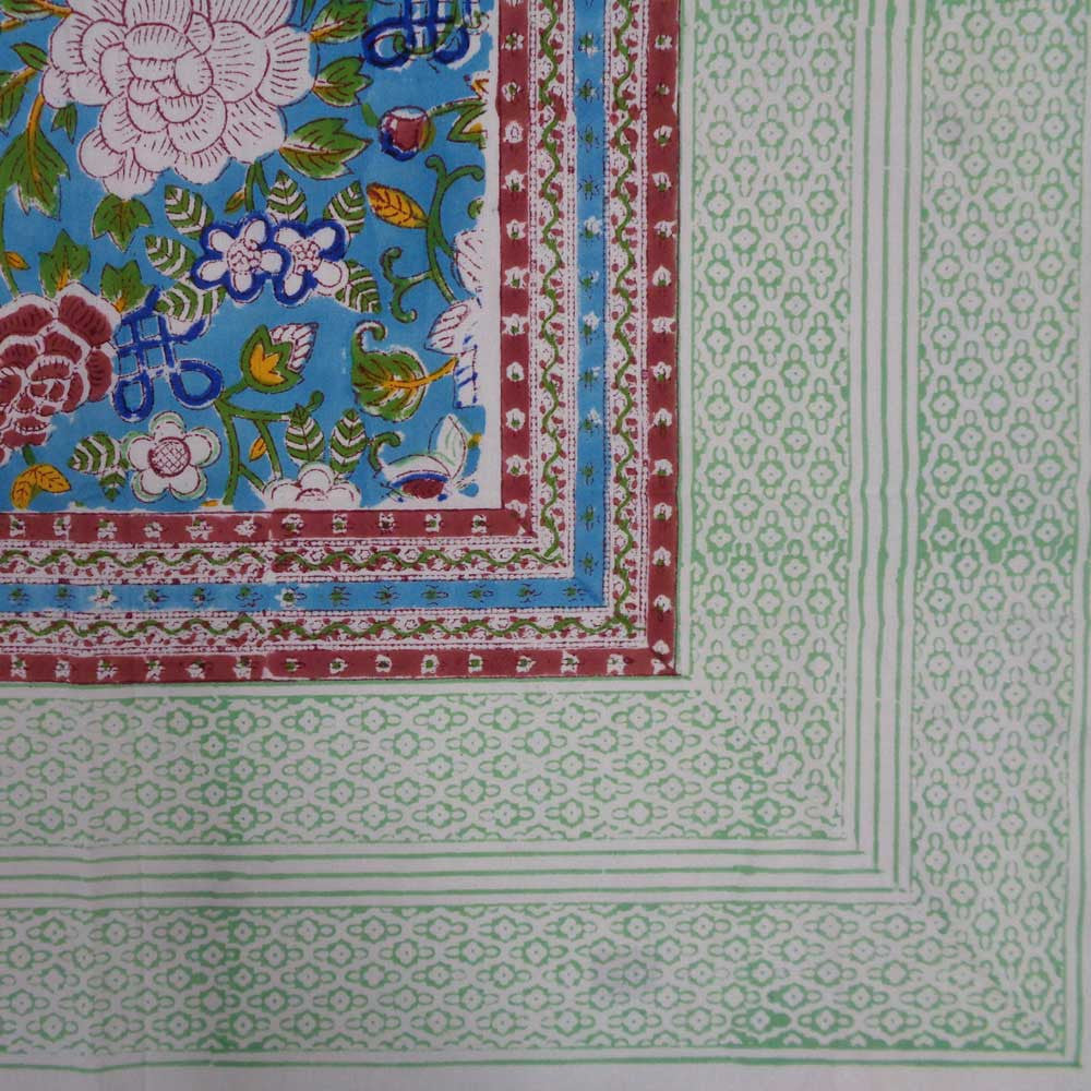 Hand Block Printed Cotton Tablecloth 180x270 cms | Floral Canvas Blue Jade Gud 206865