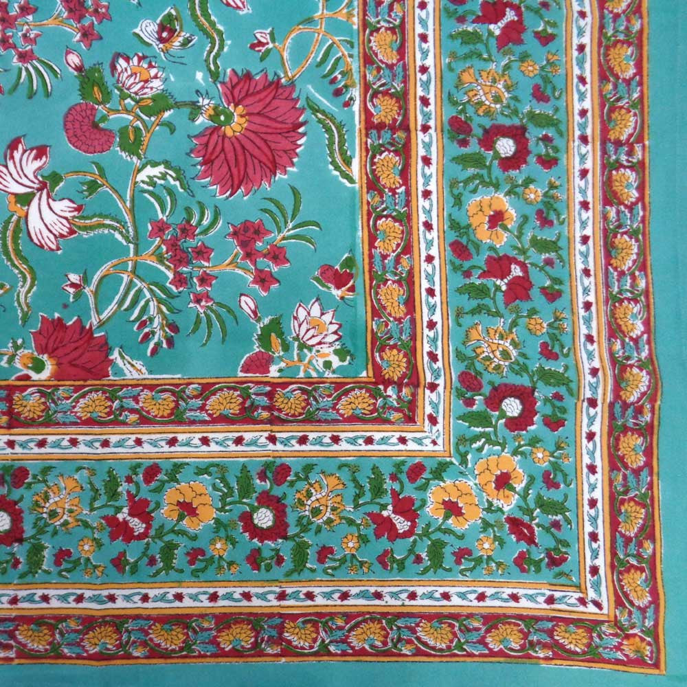Hand Block Printed Cotton Tablecloth 180x270 cms | Flower Blossom Jade Gud 104415