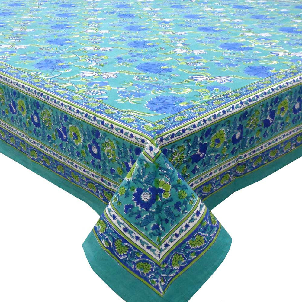 Hand Block Printed Cotton Tablecloth 180x270 cms | Flower Blossom Sea Green Gud 106040