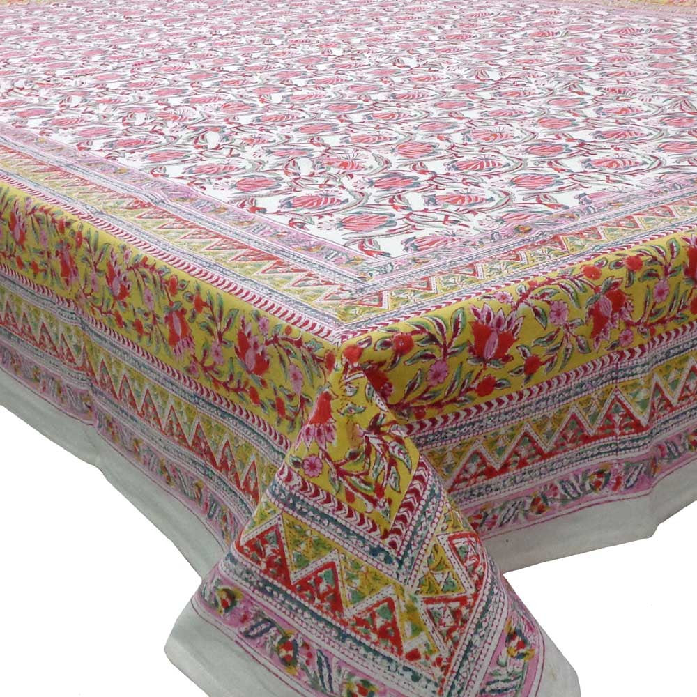 Hand Block Printed Cotton Tablecloth 180x270 cms | Frost Mustard Floral Open 100977