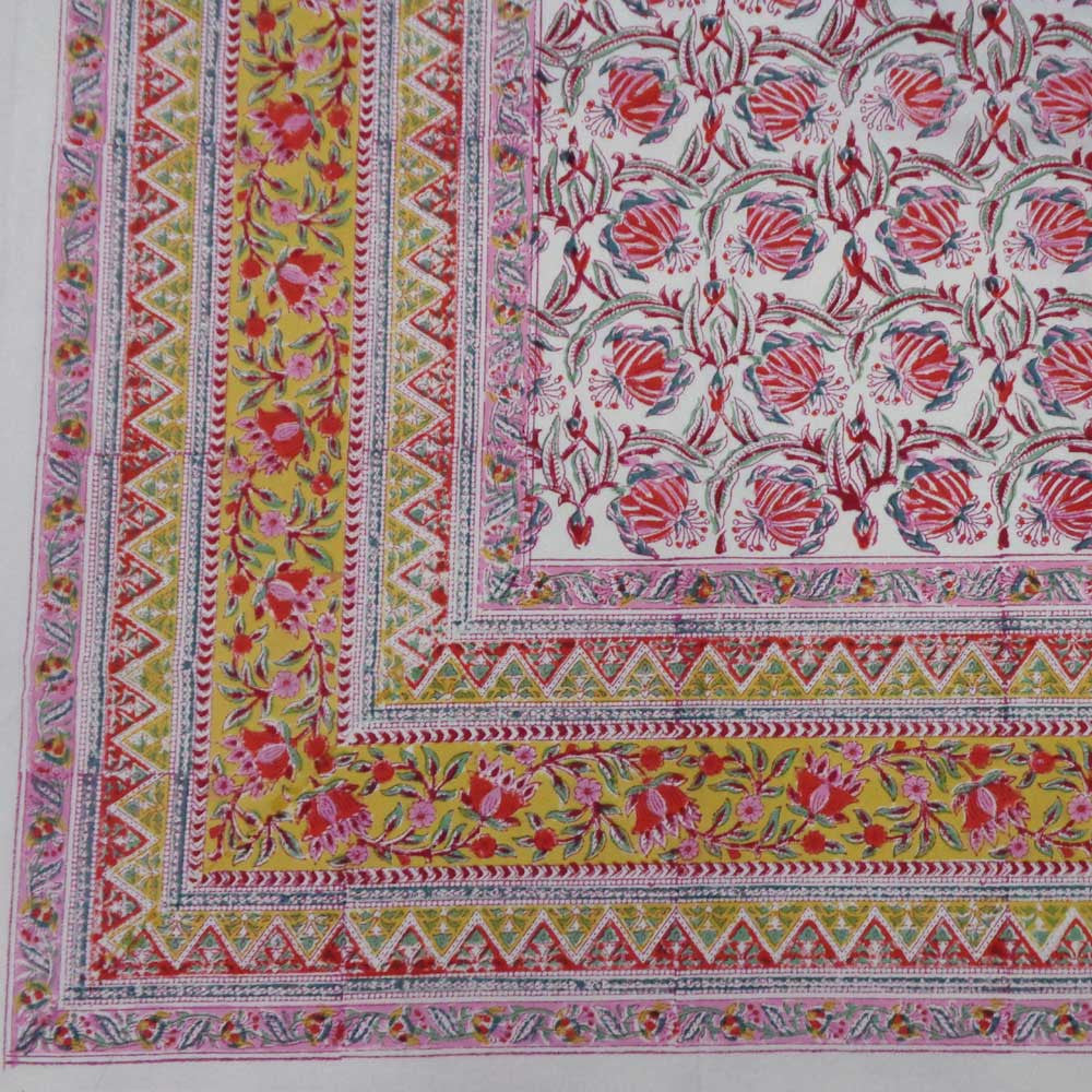 Hand Block Printed Cotton Tablecloth 180x270 cms | Frost Mustard Floral Open 100977