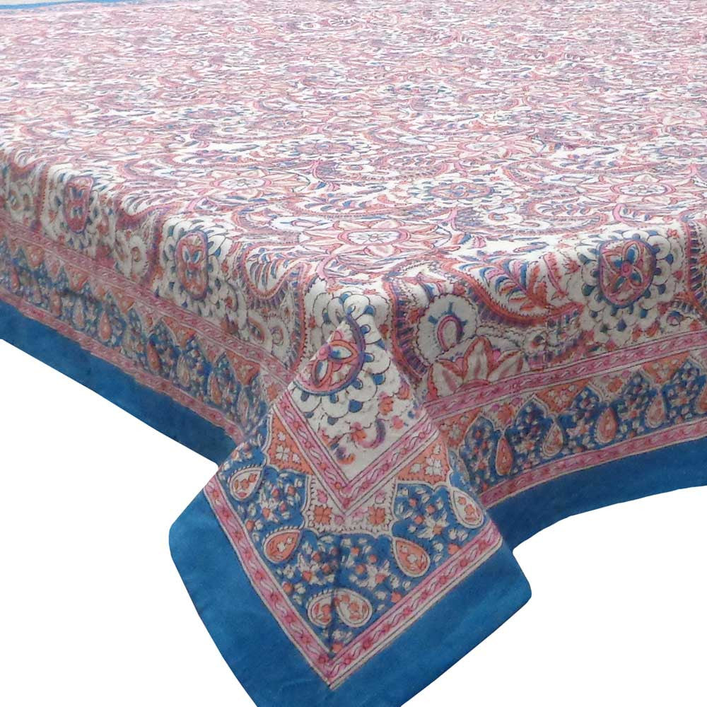 Hand Block Printed Cotton Tablecloth 180x270 cms | Kusum Gulabi Jaal 106025