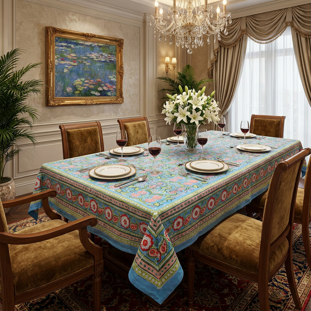 Hand Block Printed Cotton Tablecloth 180x270 cms | Lotus Green Gud 109161