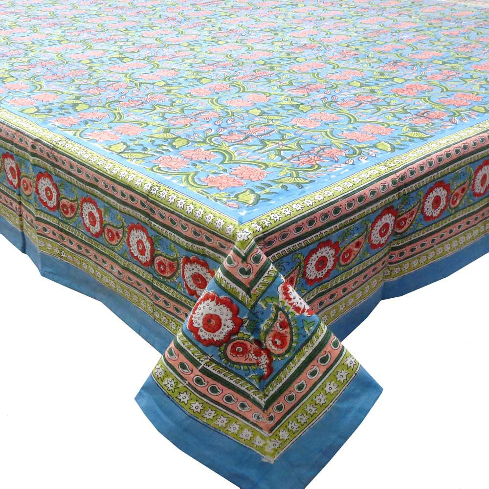 Hand Block Printed Cotton Tablecloth 180x270 cms | Lotus Green Gud 109161