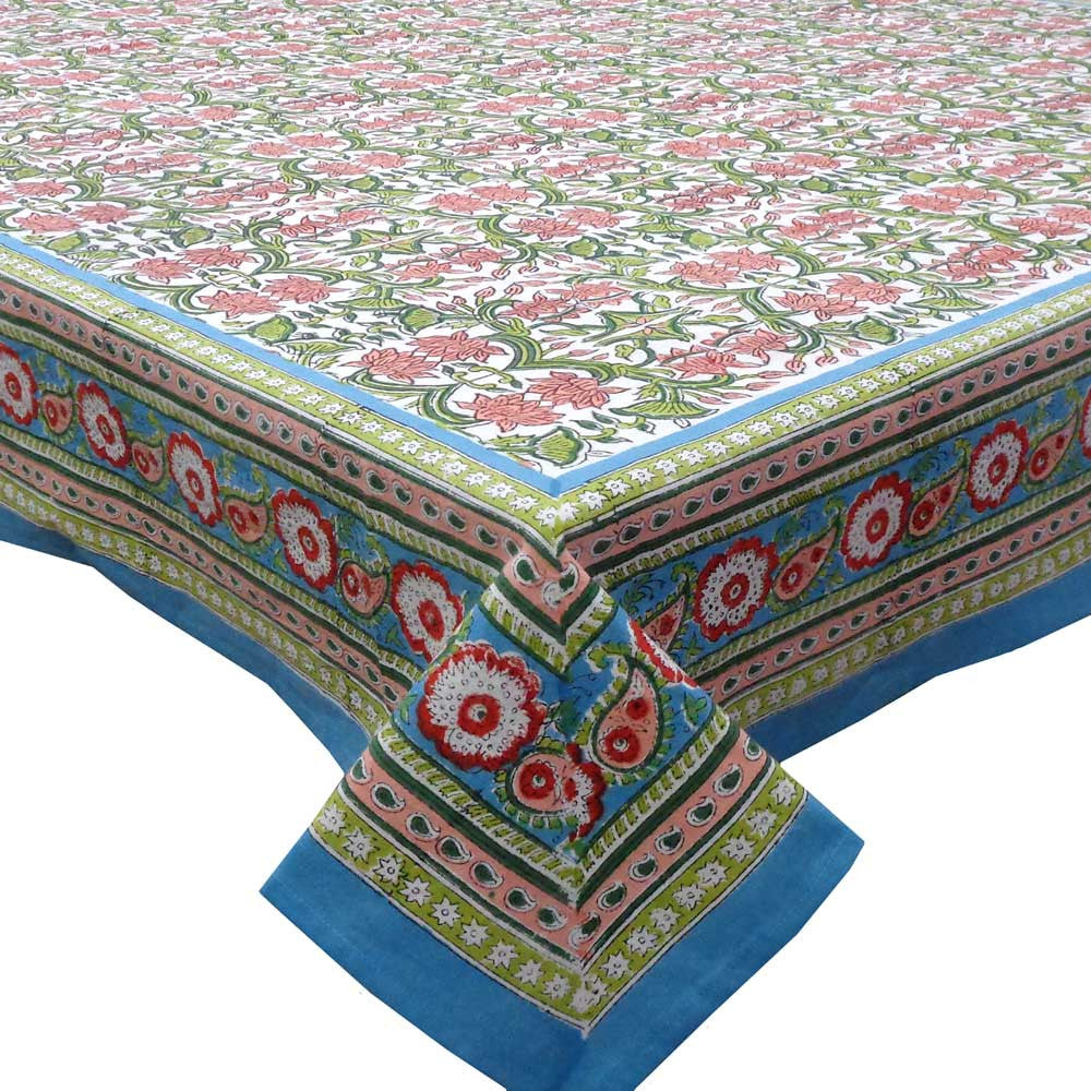 Hand Block Printed Cotton Tablecloth 180x270 cms | Lotus Green Open 106868