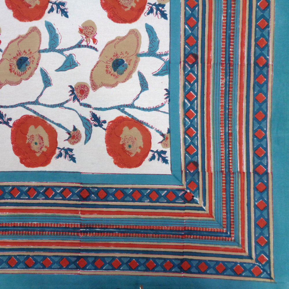 Hand Block Printed Cotton Tablecloth 180x270 cms | Teal Flower Open 109977