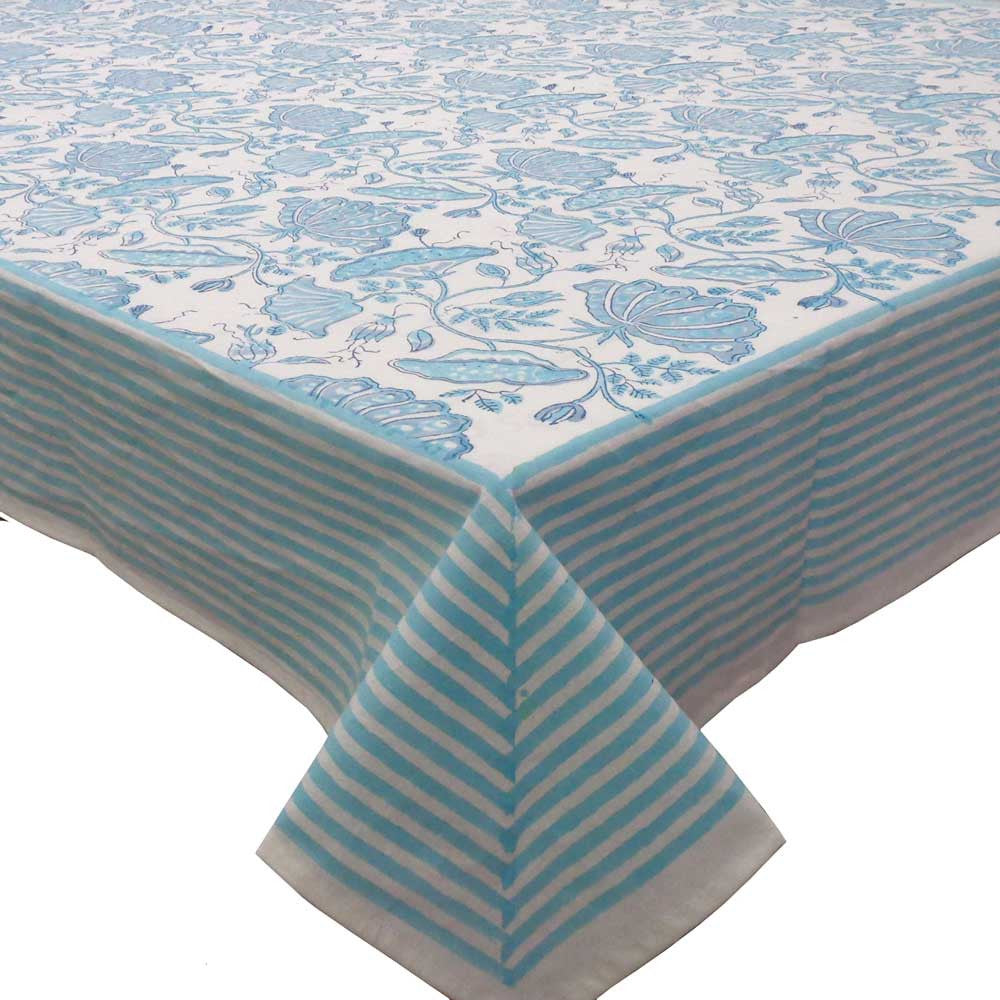 Hand Block Printed Cotton Tablecloth 180x270 cms | Waterlily Aqua 204845