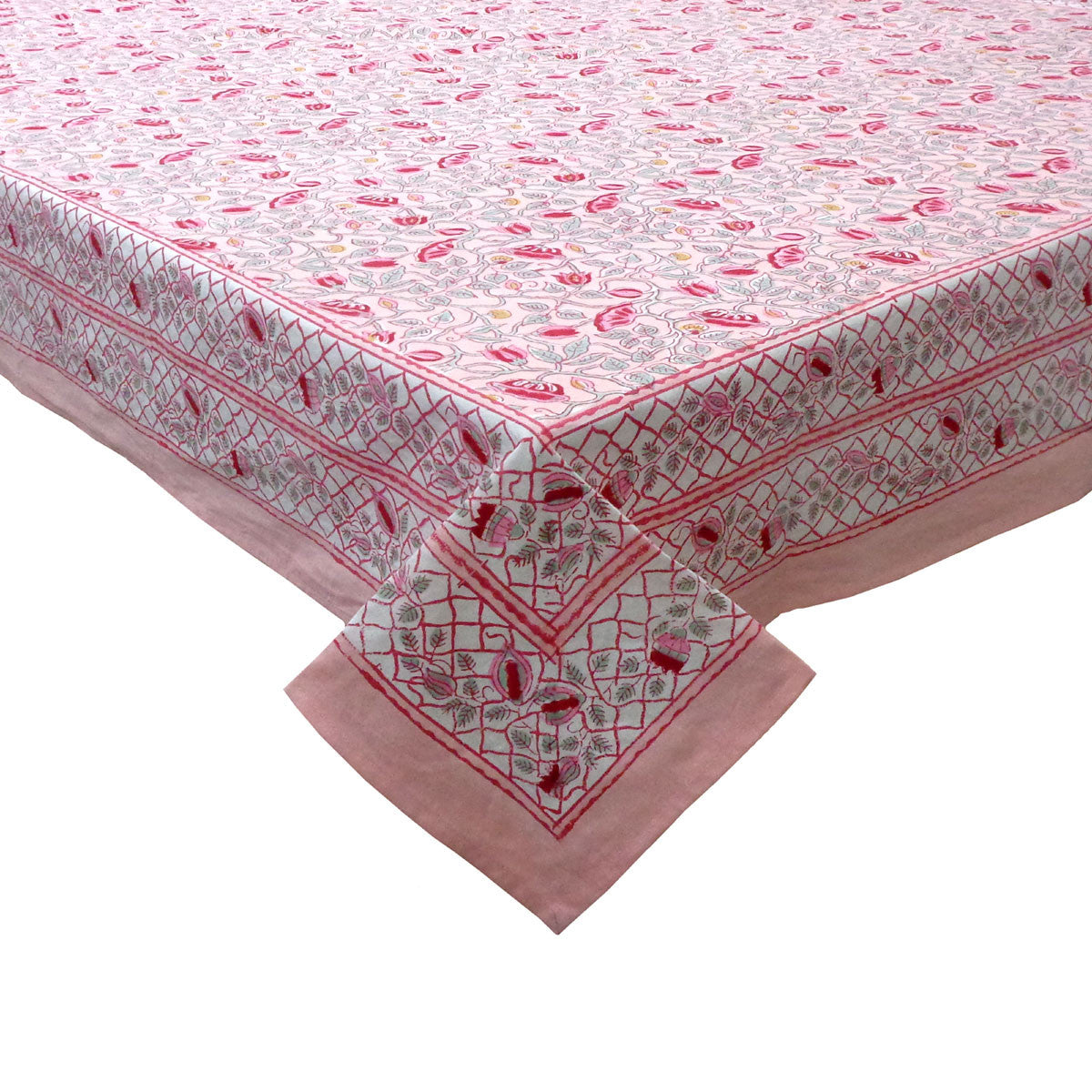 Hand Block Printed Cotton Tablecloth 180x270 cms | Waterlily Pink Gud 906174