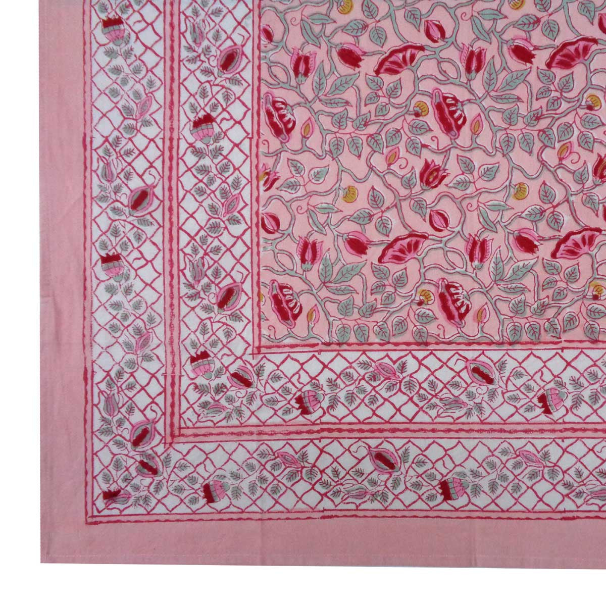 Hand Block Printed Cotton Tablecloth 180x270 cms | Waterlily Pink Gud 906174