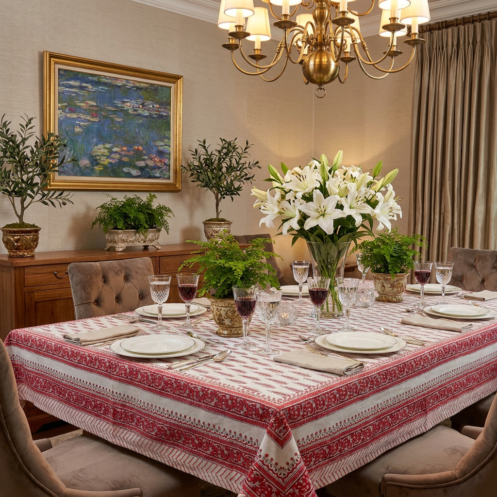 Hand Block Printed Cotton Tablecloth 180x270 cms | Winter Fall Tree Christmas 302397