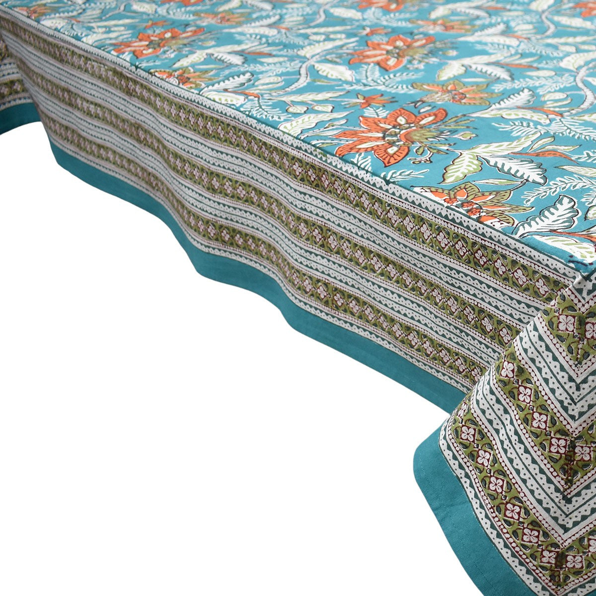 Hand Block Printed Cotton Tablecloth 180x340 | Bossanova Green Gud 393939