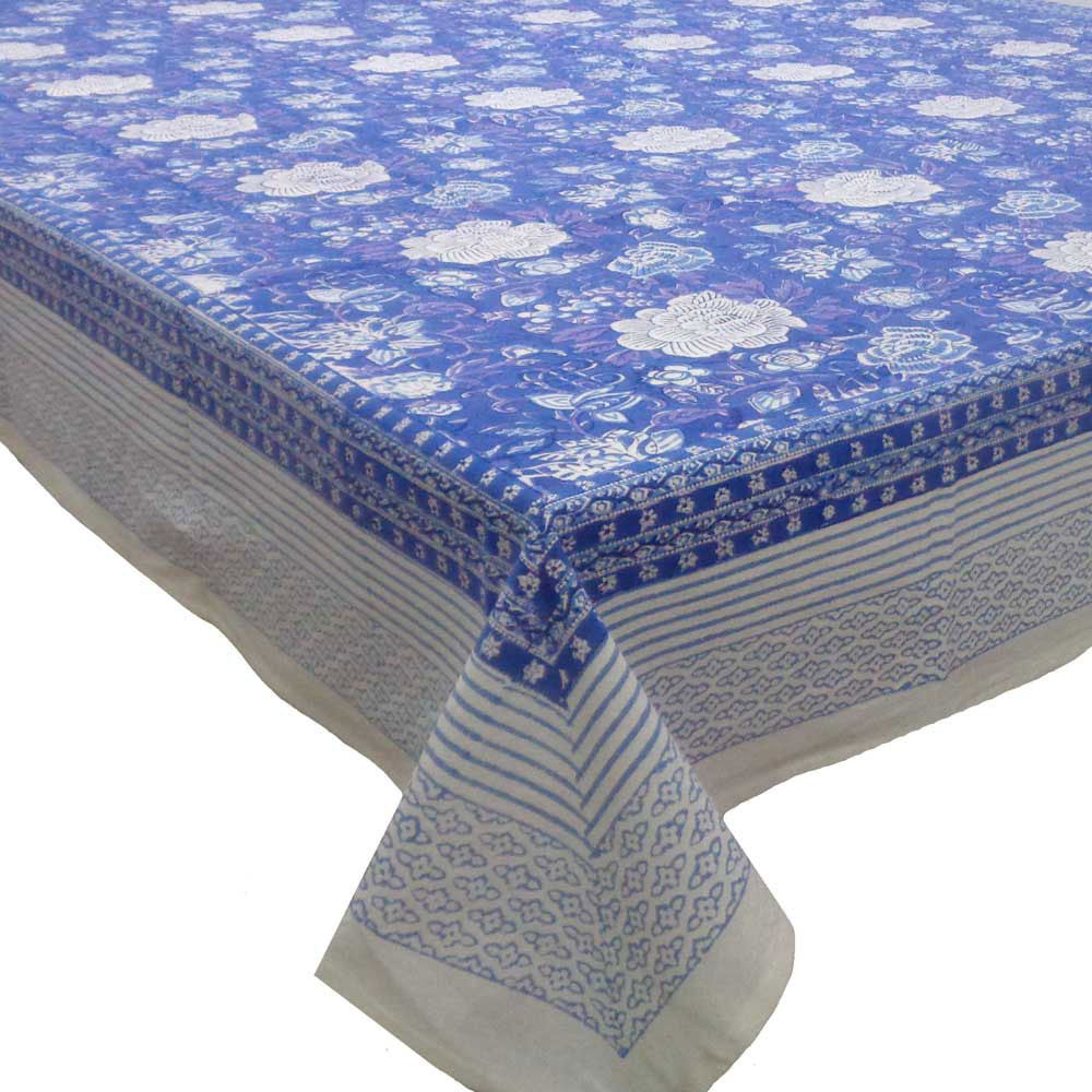 Hand Block Printed Cotton Tablecloth 180x340 | Floral Canvas Brandies Blue Gud 109471