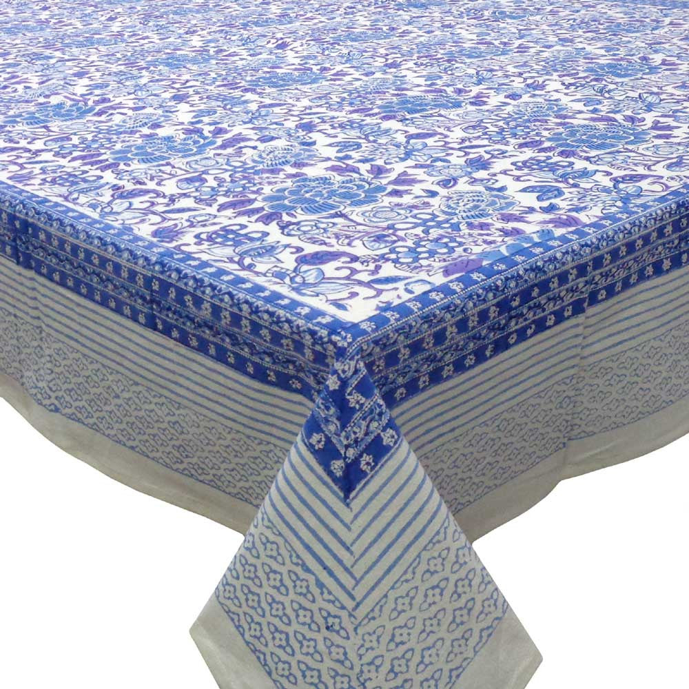 Hand Block Printed Cotton Tablecloth 180x340 | Floral Canvas Brandies Blue Open 109017