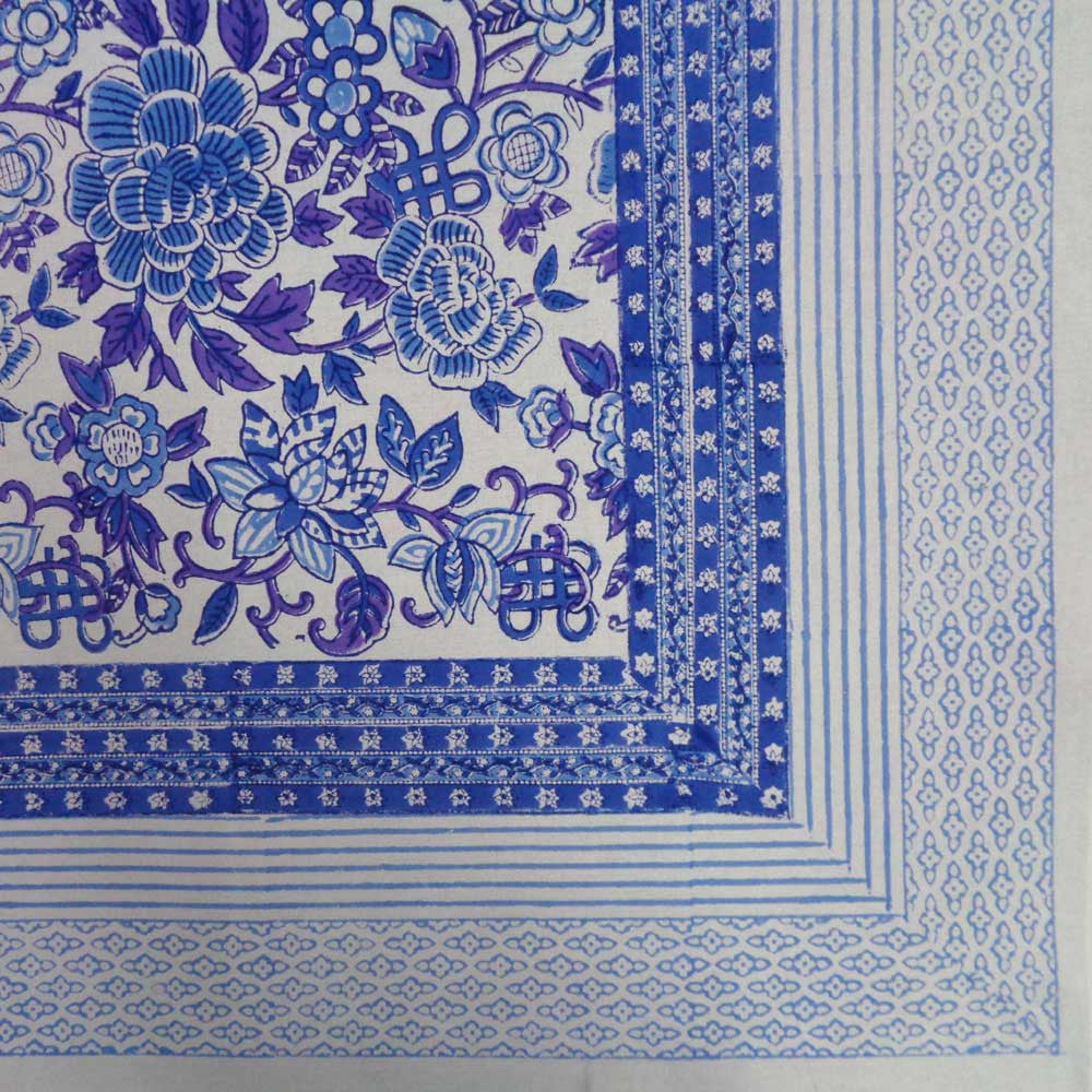 Hand Block Printed Cotton Tablecloth 180x340 | Floral Canvas Brandies Blue Open 109017