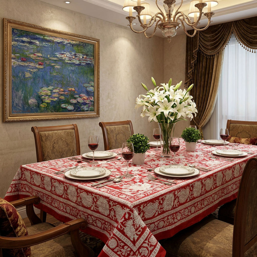 Hand Block Printed Cotton Tablecloth 180x340 cms | Amarnath Rococco Red 200196