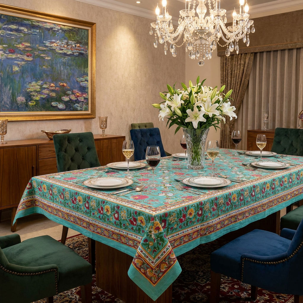 Hand Block Printed Cotton Tablecloth 180x340 cms | Flower Blossom Jade Gud 104415
