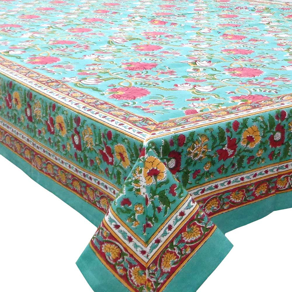 Hand Block Printed Cotton Tablecloth 180x340 cms | Flower Blossom Jade Gud 104415