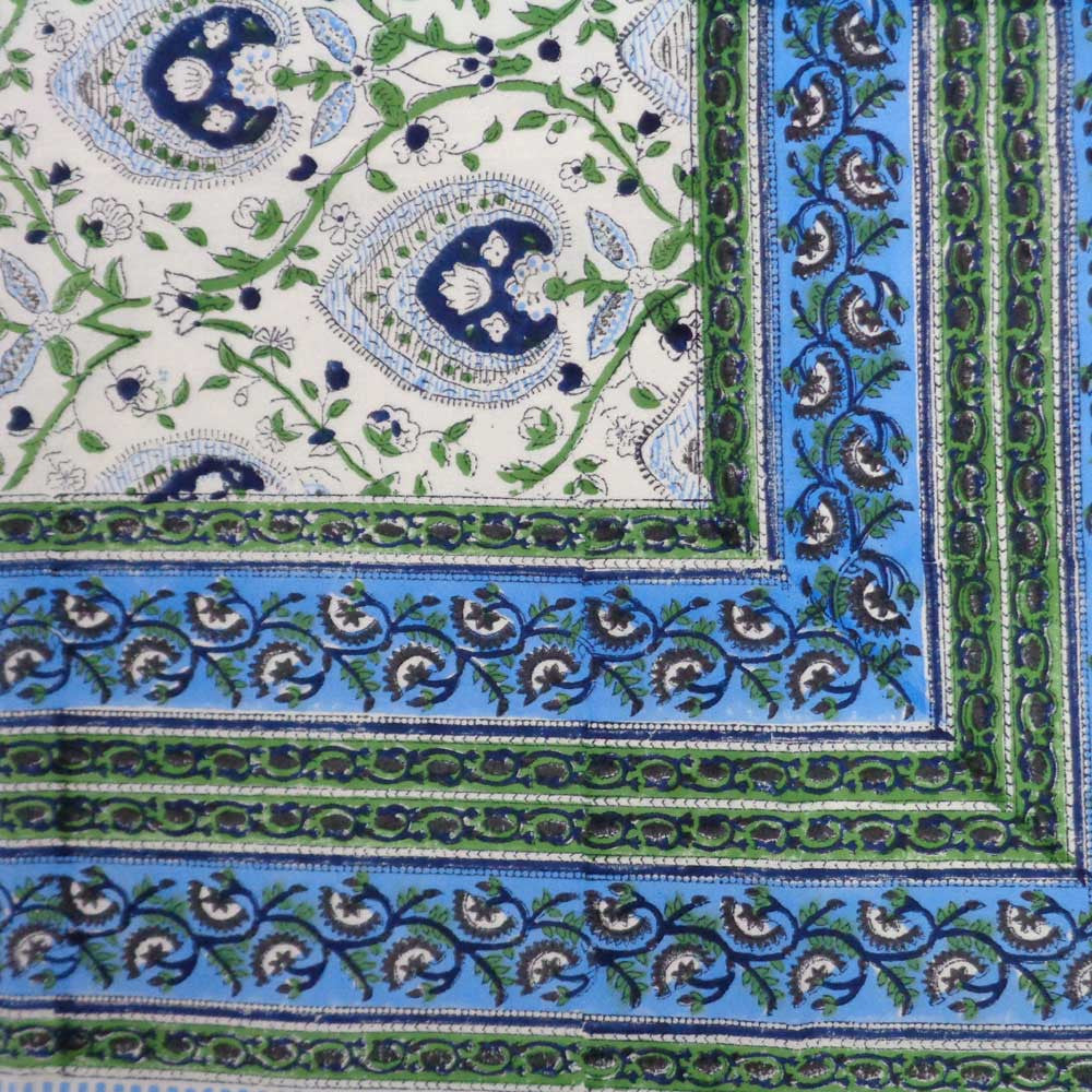 Hand Block Printed Cotton Tablecloth 180x340 cms | Pan Leaf Blue 309622