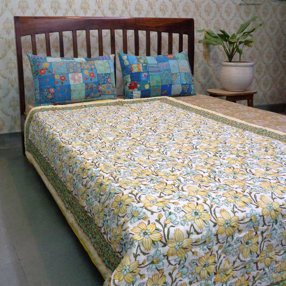 Hand Block Printed Cotton Twin Size Quilt | Champa Kali 204564